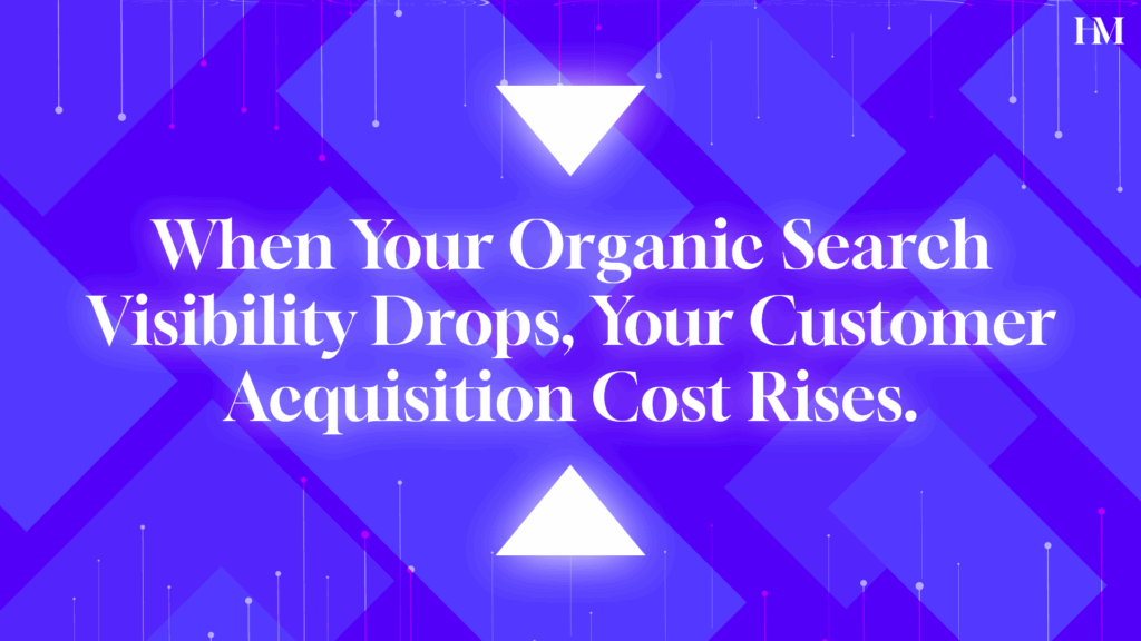 White letters on a purple background "When Your Organic Search Visibility Drops, Your Customer Acquisition Cost Rises."